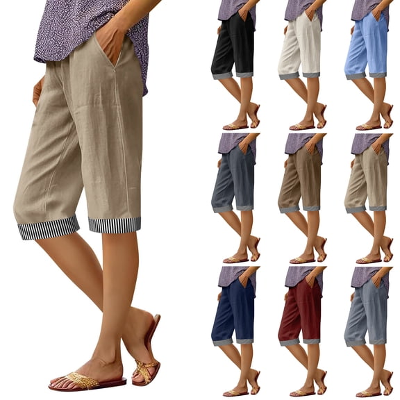 Admvng Womens Linen Capri Pants Plus Size Striped Cuffs with Side Pockets