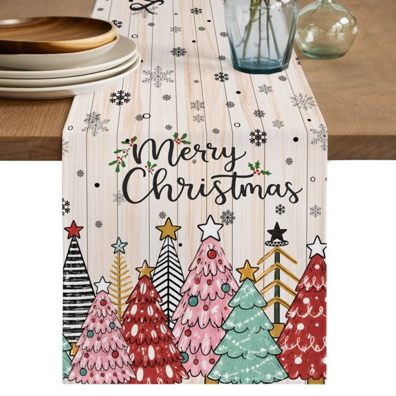 Christmas Trees Table Runner 90 Inches Long - Winter Xmas Colorful Snowflakes Wood Grain Kitchen Dining Burlap Linen Tablerunner for Small/Round/Square/Wedding/Coffee/Dining Table Party 13 x 90
