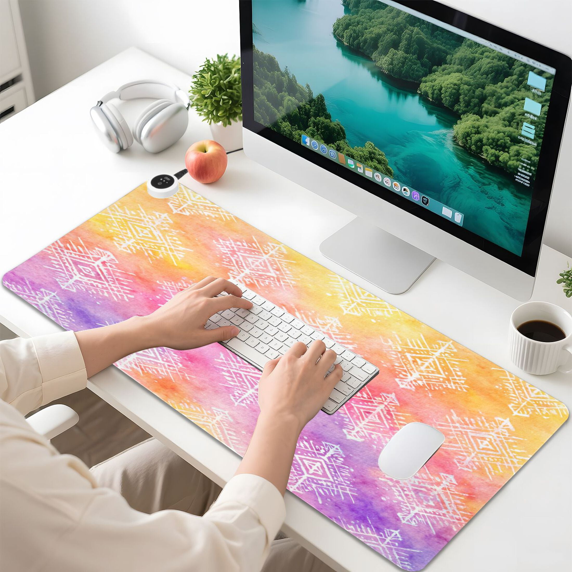 Large Heated Desk Mat Mouse Pad 31.5"x13"PU Leather Graphene Heating Desk Warmer with 3 Temperature Settings 110V US Plug Non-Slip Warm Pad for Home, Office, and Gaming Ombre Ethnic Geometric Print