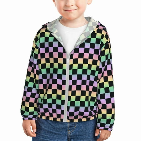 

Sun Hoodie for Kids rainbow gradient colorful checkered Long Sleeve Swim Fishing Shirts Sun Protection Zip Up Jacket Clothing Athletic Hoodie