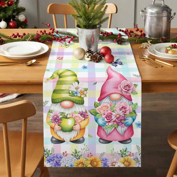 Table Runner 70 Inches Long - Farm Gnome Spring Flower Decorative Table Scarf, Butterfly Colorful Stripes Dining Table Runners for Wedding Party Kitchen Dining Tables