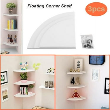Corner Floating Shelves, Wall-Mounted White Floating Wood Radial Shelf Set of 3 Contoured Shelving Storage Rack Bookshelves Organizer Home Office for Kitchen, Bedroom, Bathroom, Living