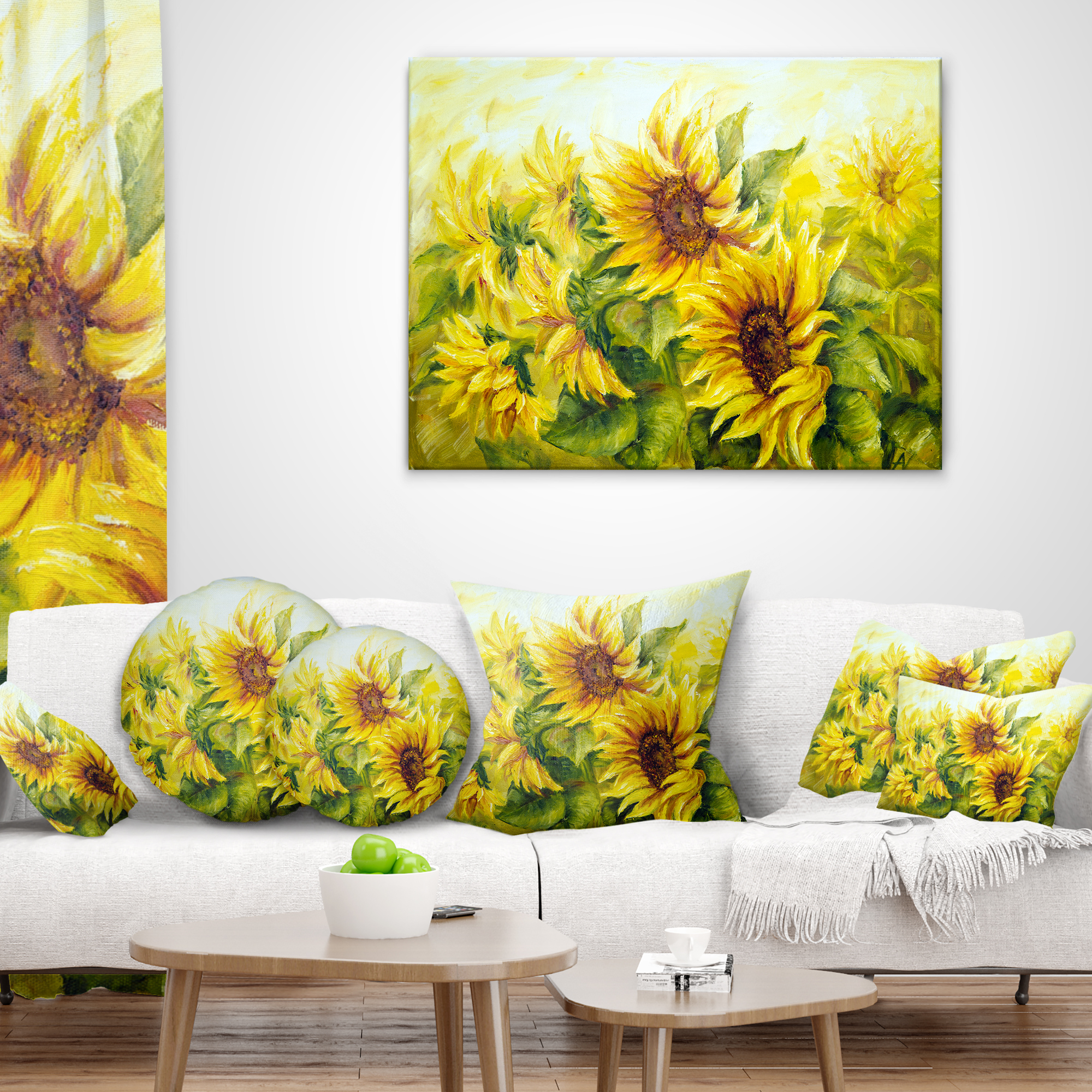 Designart Bright Yellow Sunny Sunflowers - Floral Painting Throw Pillow - 16x16