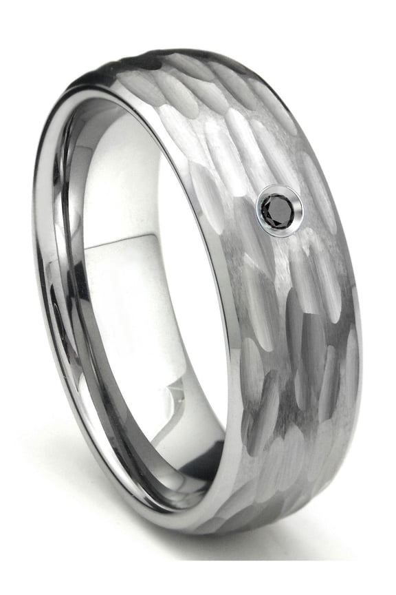 Tungsten Carbide Black Diamond Hammer Finish Dome Men's Comfort Fit Wedding Band Ring with Bevel Edges Sz 12.0