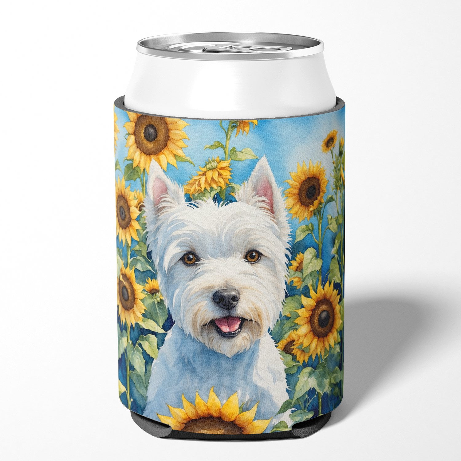 Westie in Sunflowers Can or Bottle Hugger 3 in x 5 in
