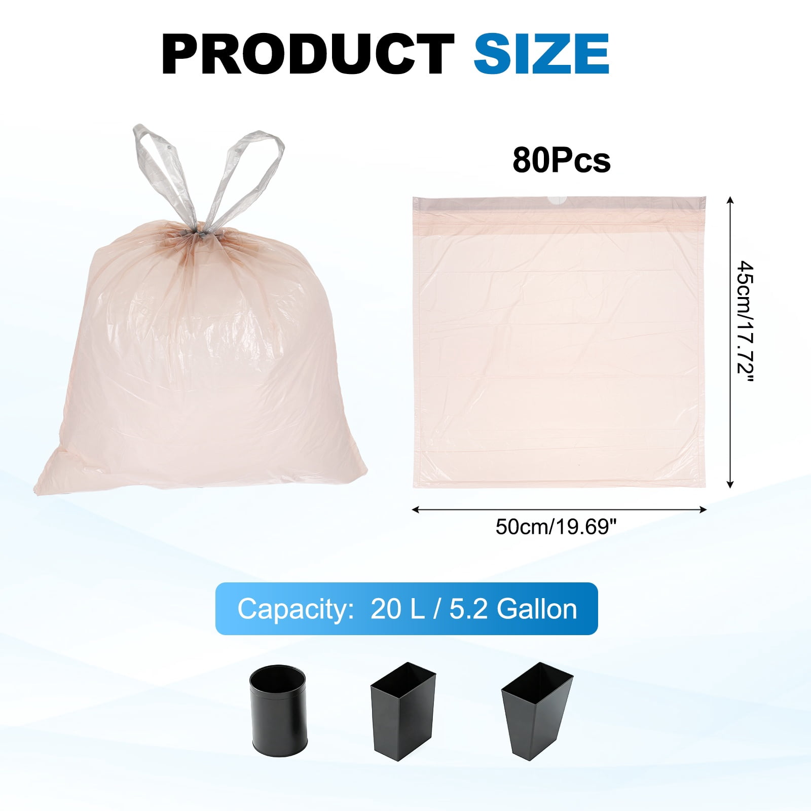 Uxcell 80 Count Trash Bags with Drawstring, 5.2 Gallon 20" Garbage Bags Unscented Tear-Free Design for Home Office Kitchen, Pink