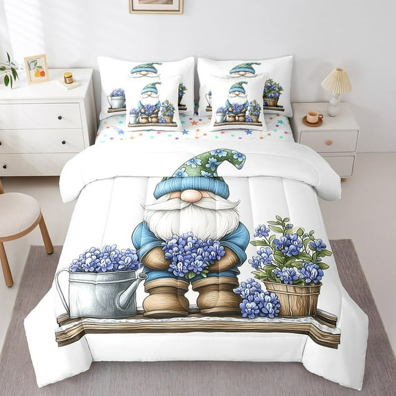 Erosebridal Floral Gnome Bedding Sets Twin Size,Blue Flower Comforter Sets with Sheets,Botanical Plants Bed in a Bag Twin size,Breathable Kawaii Room Decorative,Reversible,7pcs