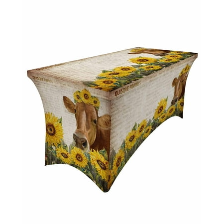 

Table Cloths for 8 foot Rectangle Tables Farm Sunflower Cow Rustic Style Vintage Old Newspaper Stretch Washable Fitted Tablecloth Protector Picnic Table Cover for Event Wedding Party Banquet