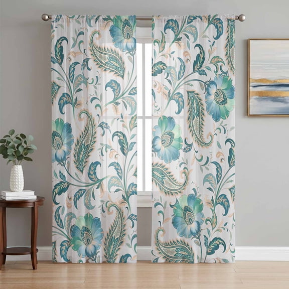 Teal Paisley Floral Semi Sheer Window Curtains 72 Inches Long, Boho Ethnic Tribe Traditional Rod Pocket Voile Silky Chiffon Curtain Light Filtering Drapes for Living Room, Kitchen, 52"x72", 2 Panels