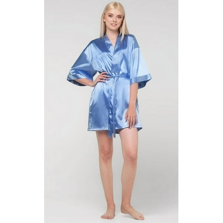 Kimono robes for Women Satin Silk lingerie robe  Short V-Neck For Female Sleepwear Loungewear bridal party bridesmaid wedding - Air Blue - Small