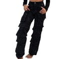 thumbnail image 6 of 1. Women's Rhinestone-Embellished Wide Leg Jeans with Stretch Waist & Multi Pockets Cargo Trousers, 6 of 8