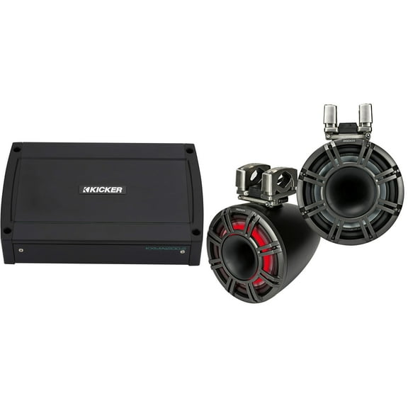 Kicker 44KMTC11 11" Black Horn-Loaded Tower Speakers & 1200 Watt Marine Amp with tube-clamp mounting