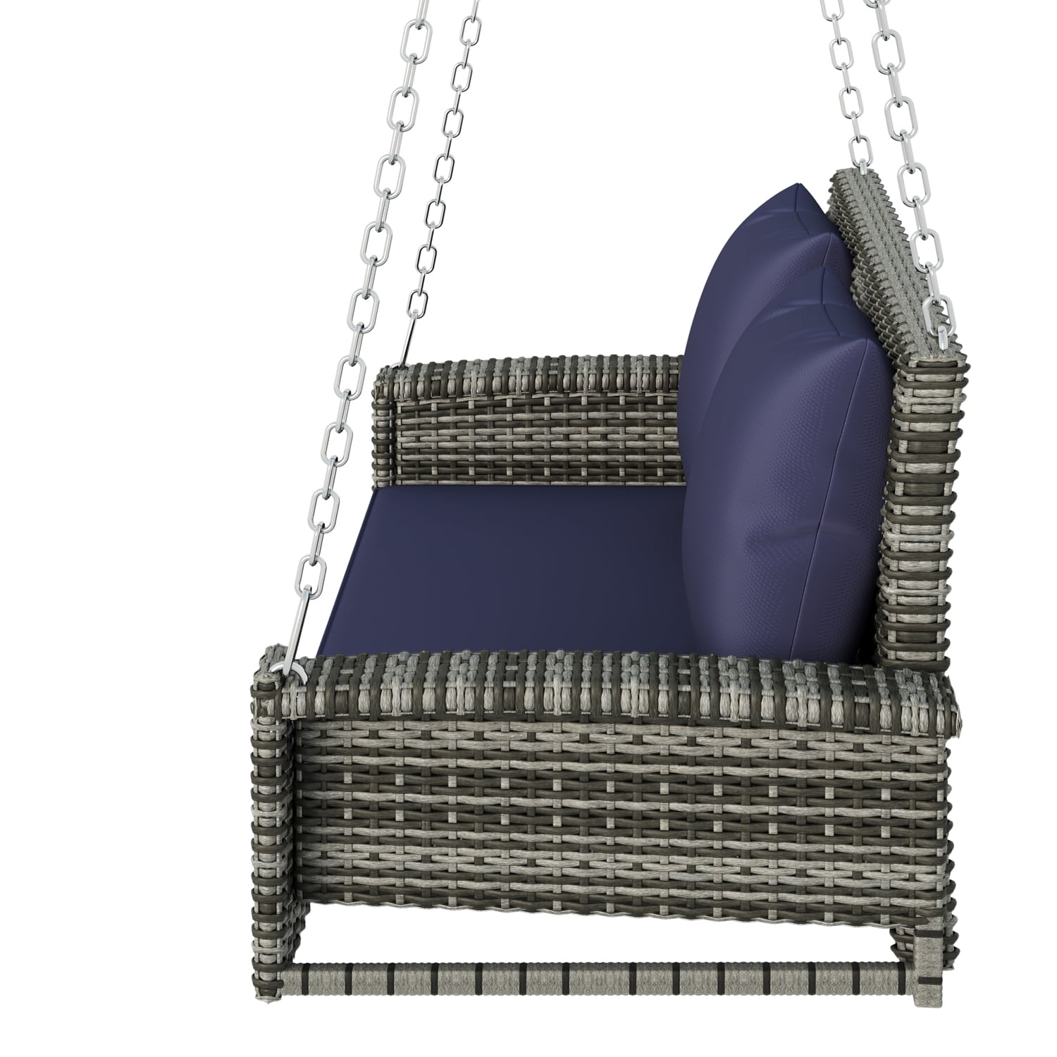Kadyn 2-Person Wicker Hanging Porch Swing, Rattan Swing Bench with Chains, Cushion and Pillow, Outdoor Swing Chair for Garden, Backyard, Blue-gray Kadyn 2-Person Wicker Hanging Porch Swing, Rattan Swing Bench with Chains, Cushion and Pillow, Outdoor Swing Chair for Garden, Backyard, Blue-gray