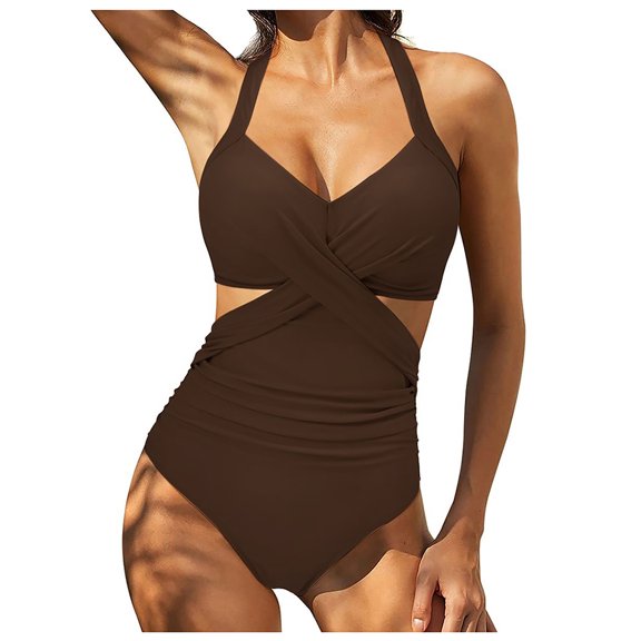 QLEICOM Women's Swimsuits High Waisted Tummy Control Swimwear Front Cross Cutout One-Piece Swimsuits Tummy Control Swimwear Tankini Monokini Beachwear Brown M