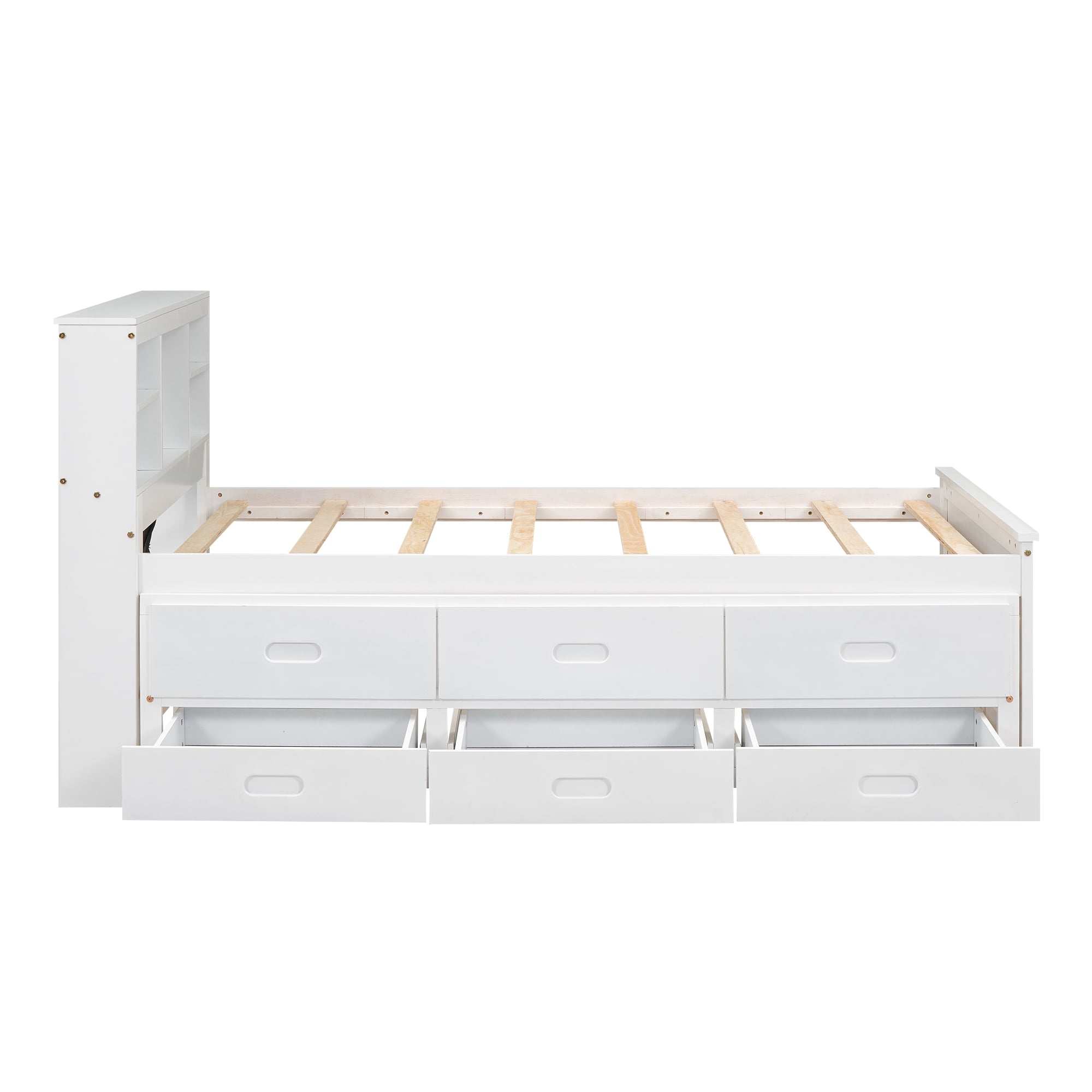 Euroco Wood Twin Size Platform Bed with Storage Headboard, Trundle Bed and 3 Drawers, USB Charging and Shleves for Kids Teens, White