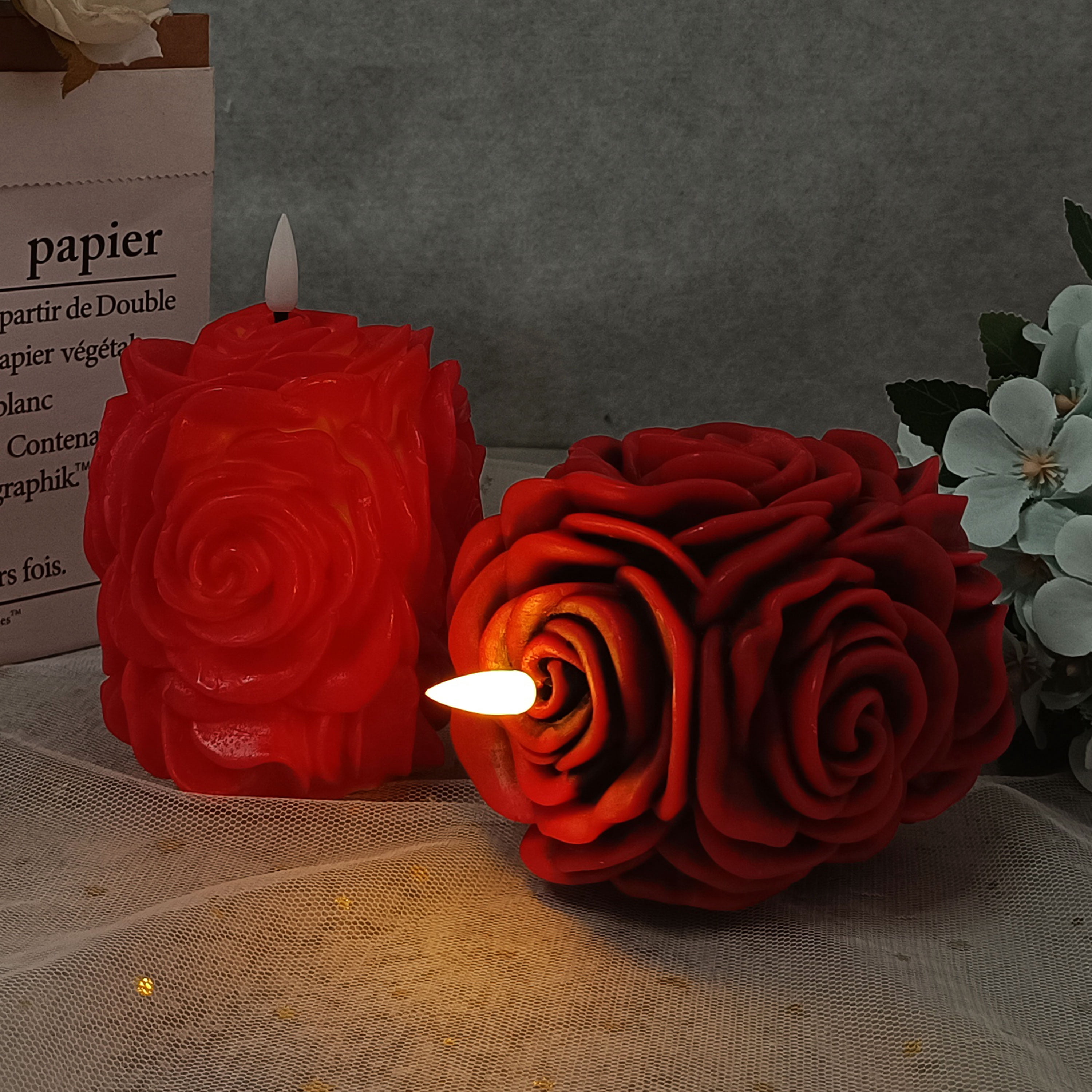 Rose Flower Flickering Flameless Candles, Real Wax LED Candles with Remote and Timer, 3.8 Inch Battery Operated Pillar Candles for Room Elegant Decor Home Wedding Decoration