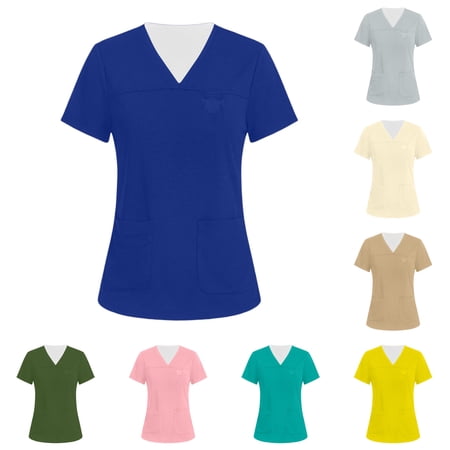 Hearthz S-5XL Women Scrub Tops Plus Size V Neck Short Sleeve Nurse Working Uniforms with Pocket