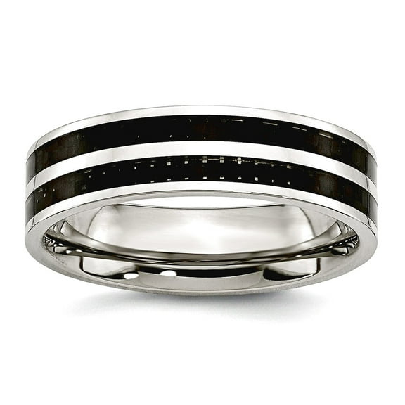 Stainless Steel Flat Band 6mm Double Row Black Carbon Fiber Inlay Polished Band Ring Size 12 Ring for Women and Men