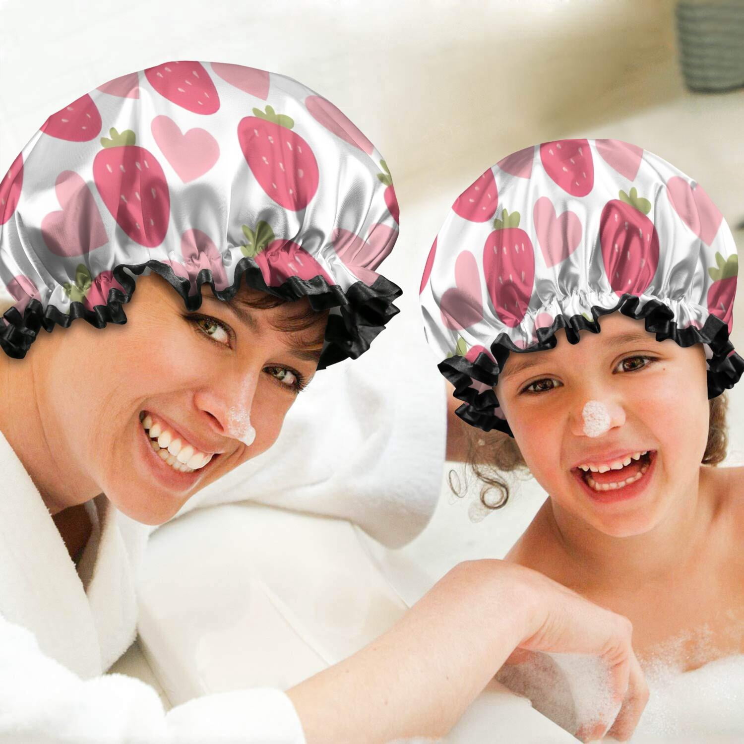 Shower Caps,Strawberry Plants Fruit Heart White Pattern Waterproof Shower Cap for Women 4 Pieces,Double Reusable Hair Cover for Shower PEVA Elastic Stretch Hem