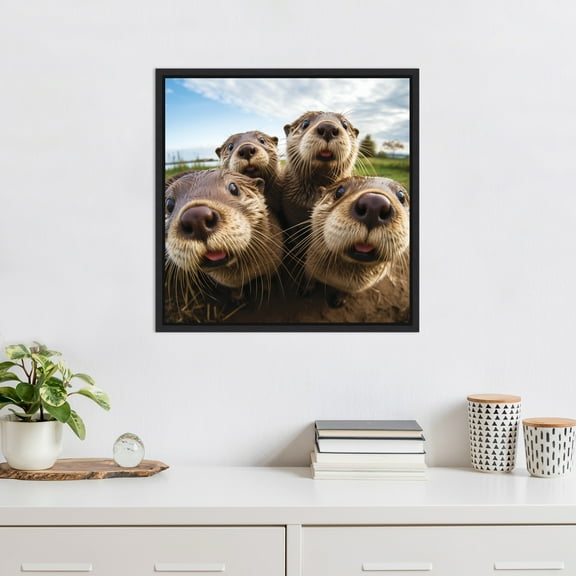 Kate and Laurel Sylvie Funny Animal Otter Selfie Framed Canvas Wall Art by The Creative Bunch Studio, 22x22 Black, Funny Cute Animal Art for Wall