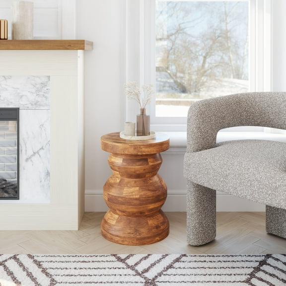 Kerala Side Table Walnut End Table, Modern Style, Mango Wood round shape tabletop, Mango Wood, Indoor Living