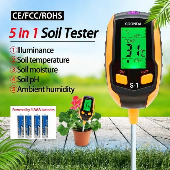 4-in-1 Soil Moisture Meter Digital PH Meter/Soil Moisture/Plant Temperature/Sunlight Intensity, Backlight LCD Display, Soil Test Meter for Garden, Lawn, Plant Care, Farm and Indoor Outdoor Plants