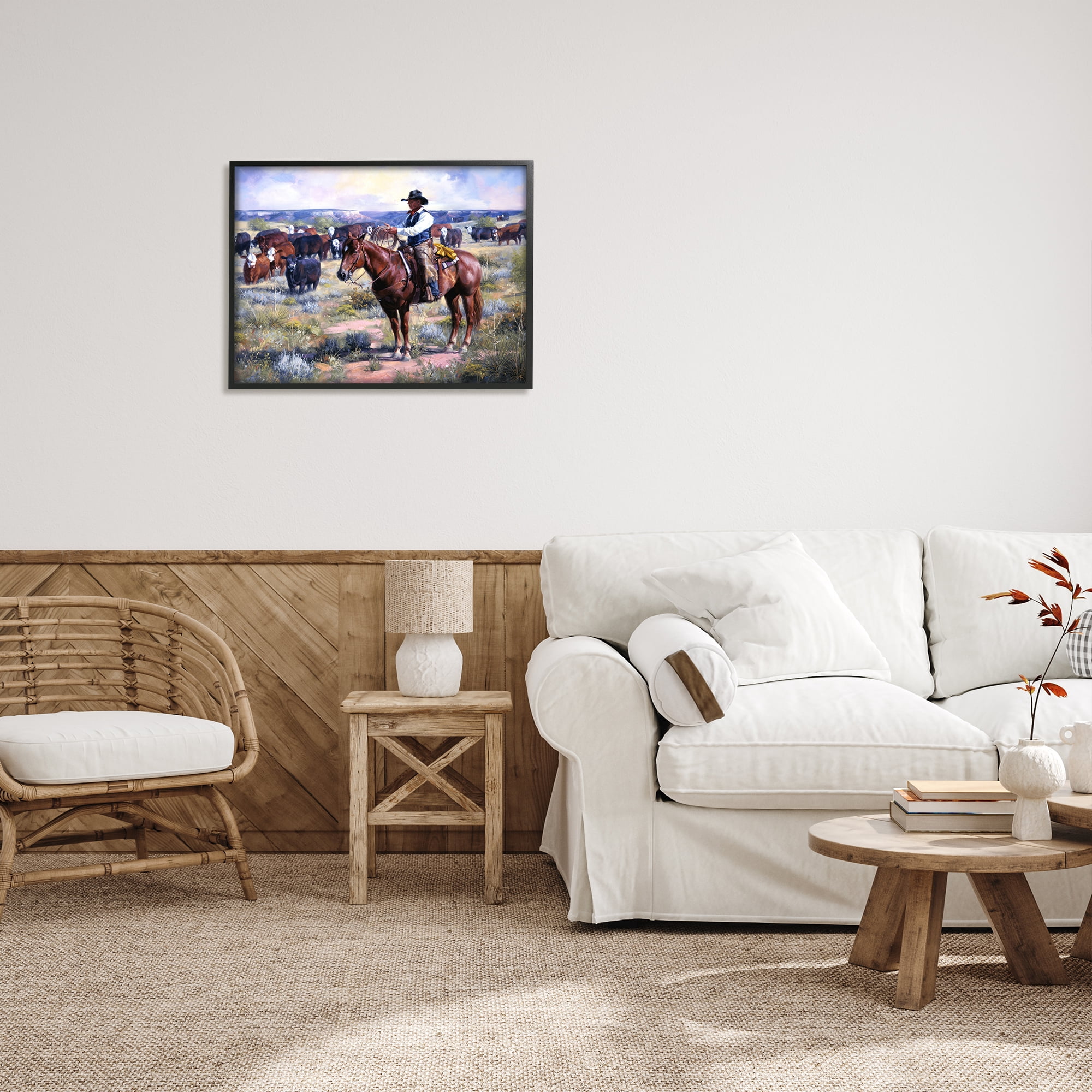 Stupell Industries Cowboy Herding Cattle Ranch Animals & Insects Painting Black Framed Art Print Wall Art, 30 x 24