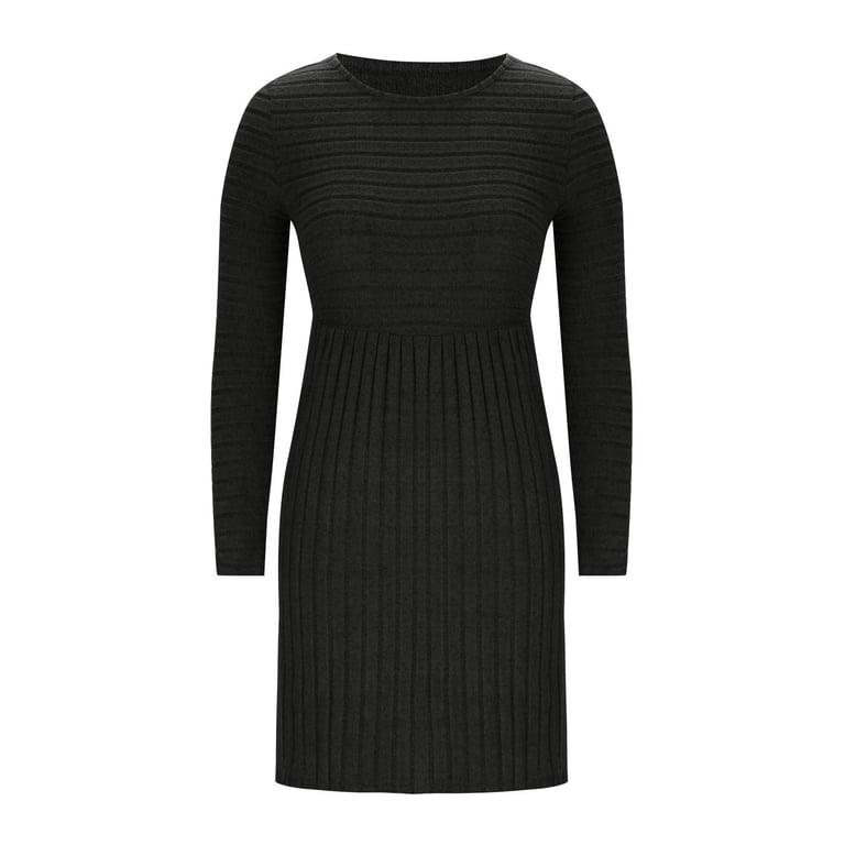 Ribbed Knit Dress for Women Crewneck Long Sleeve Empire Waist A-Line Dresses  Casual Solid Color Pleated Swing Dress - Walmart.com