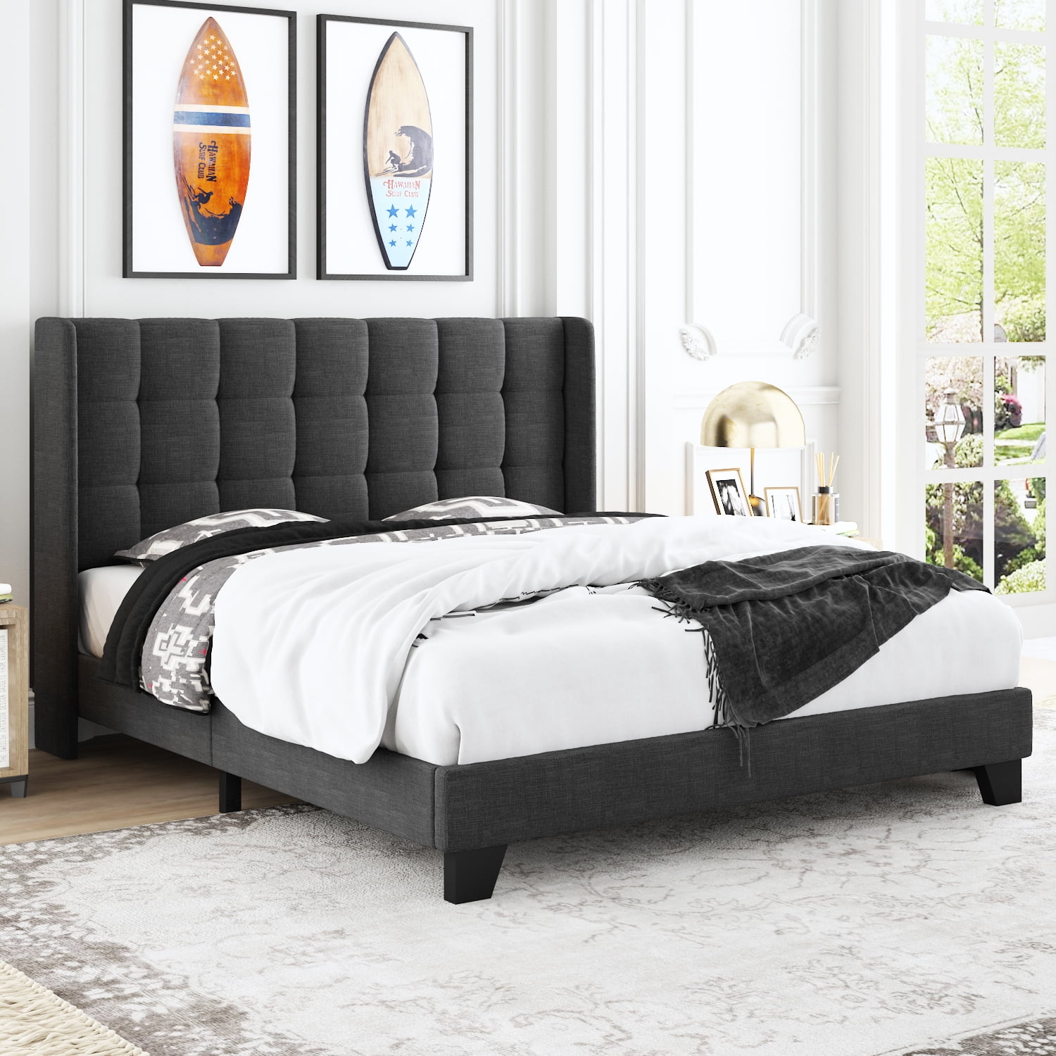 Allewie Full Size Platform Bed Frame with Wingback Fabric Upholstered Square Stitched Headboard and Wooden Slats, Grey