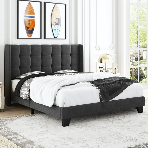 NextFur Queen Size Platform Bed Frame with Wingback Fabric Upholstered