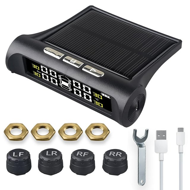 Tire Pressure Monitoring System Solar and USB Charging Wireless TPMS with 4 External Sensors 0-3.5Bar 6 Modes Auto Alarm System Sensor with Color LCD Display for Cars Trucks RVs