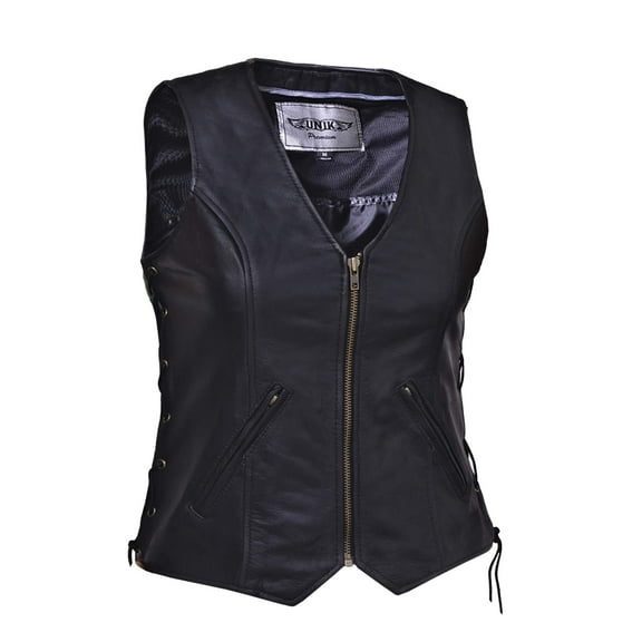 Unik International 0399-00-BLK-L Ladies Premium Leather Motorcycle Zippered Vest, Black - Large