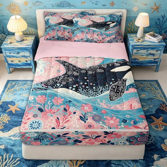 spefrowx Boho Floral Orca Whale Zipper Twin Comforter Sets with Fitted Sheet and 2 Pillowcases for Girls, Pink Wave Blossom Flower Zipper Bedding Set, Pink Reversible, 4pcs