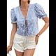 thumbnail image 1 of Blusa de Verano con Cuello en V, Mangas Abullonadas y Puños Elásticos para Mujer Azul L, 1 of 10