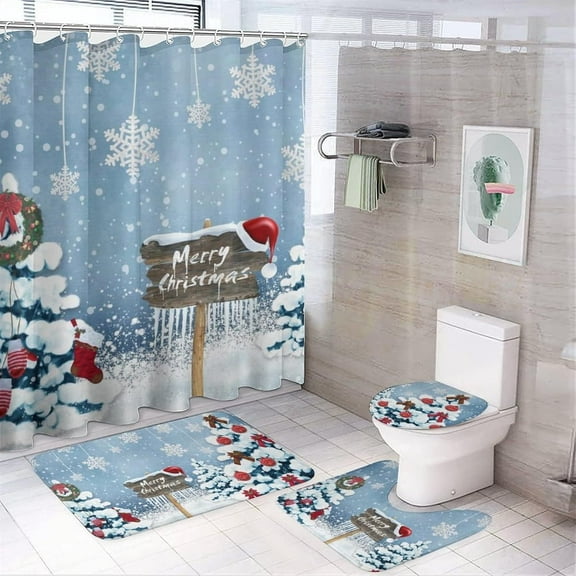 Christmas Bathroom Sets of 4 with Shower Curtain, Non-Slip Rugs, Toilet Lid Cover And Bath Mat, Xmas Santa Claus Snowman 4Pcs Shower Curtain Sets With Waterproof Curtain And Accessories, 71 X 71 Inch