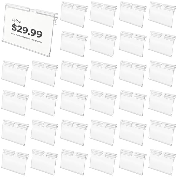 Label Holders 100 Pack, Clear Plastic Price Tag Display with Wire Hooks, Retail Sign Holders with Blank Cards, Double Wire Merchandise Display Tags for Supermarket Store