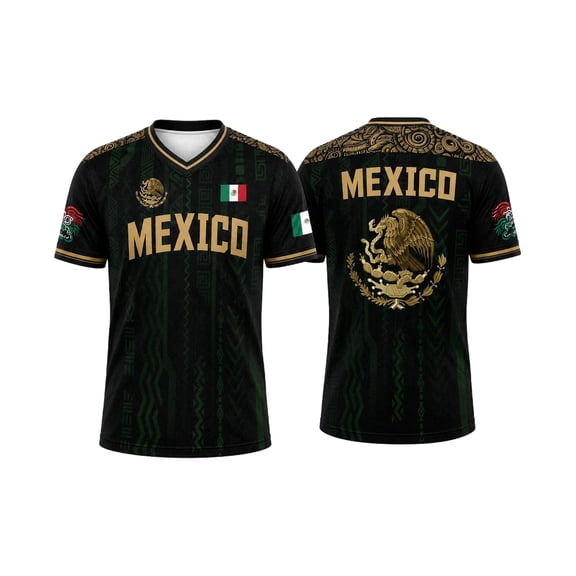 Men Mexico Soccer Jersey, Men’s V Neck Short Sleeve Breathable Sports Jersey Fan Shirt for Match Black L