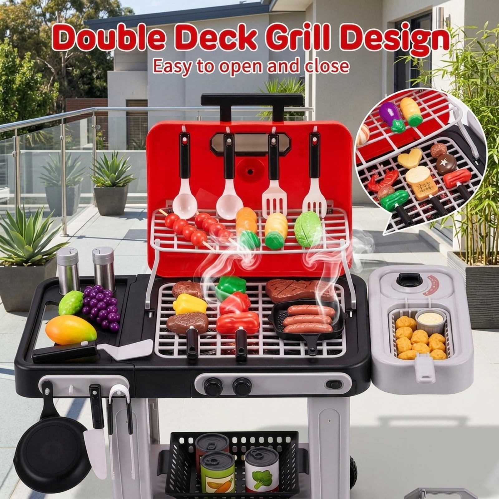 Fenbeli Kids BBQ Grill Toy with Spray Mist, Lights, Sounds and Color-Changing Play Food, Rolling Pretend Kitchen Set