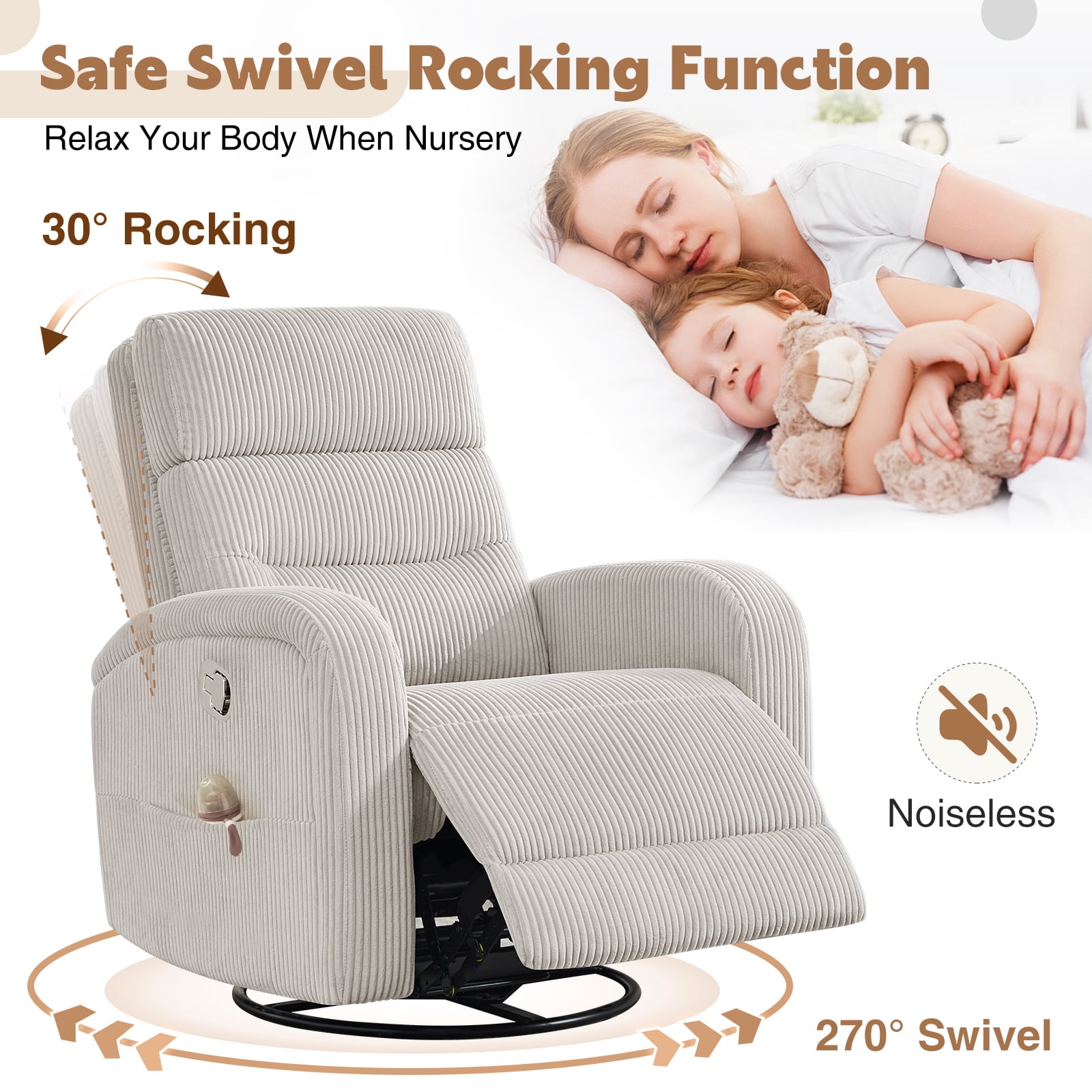Aemeios Manual Swivel Rocker Recliner Chair, Corduroy Nursery Chair for Living Room, Camel