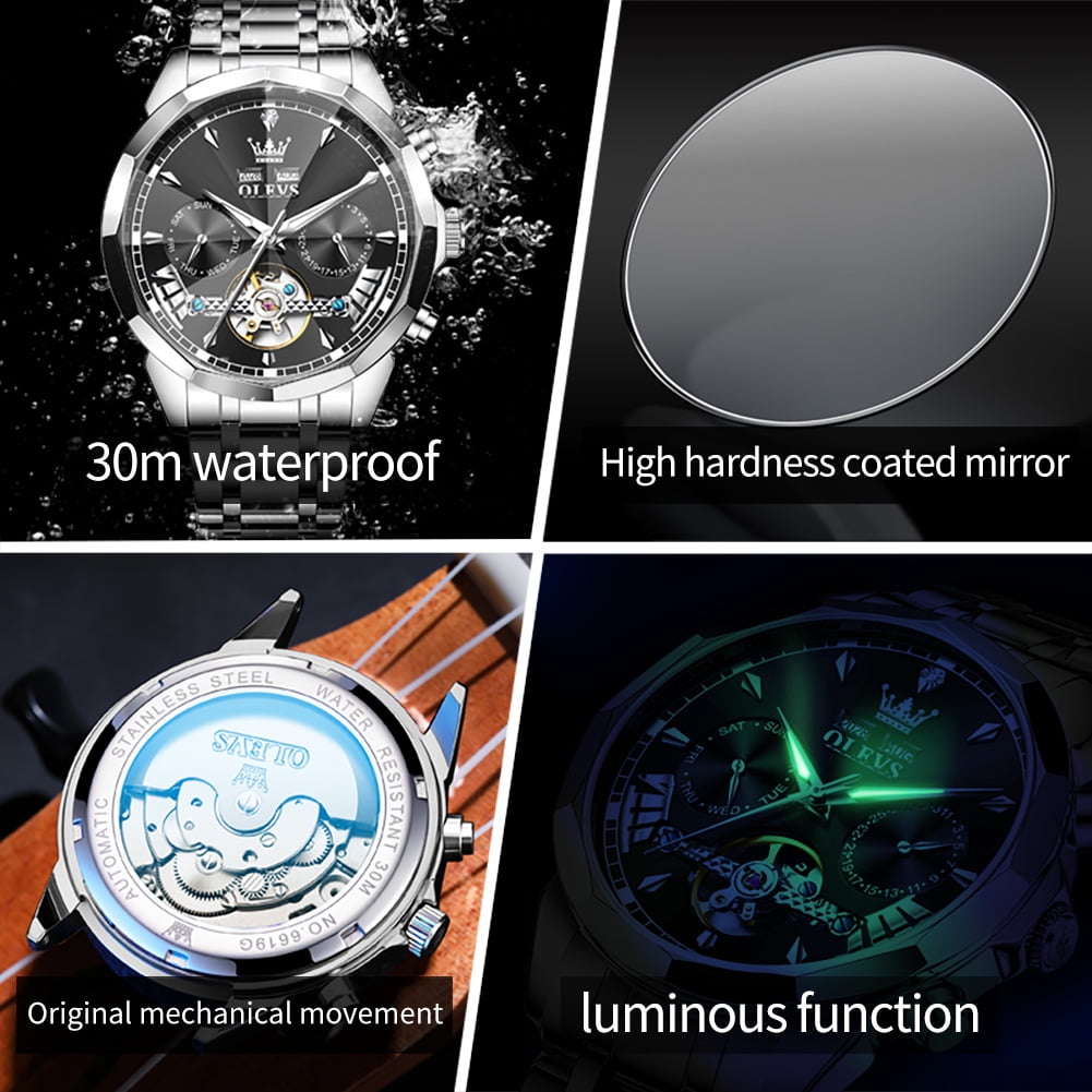 OLEVS Automatic Watches for Men Luxury Dress Waterproof Self Winding Mechanical Chronograph Diamond Stainless Steel Luminous Date Skeleton Tourbillon Mens Watches Gift Reloj Para Hombre Black Dial