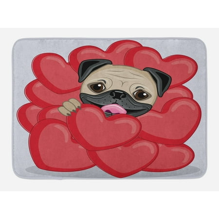 Hand Drawn Hearts (Pug Bath Mat, Valentines Inspired Dog Drawing with Giant Hearts and Cute Pet Hand Drawn, Non-Slip Plush Mat Bathroom Kitchen Laundry Room Decor, 29.5 X 17.5 Inches, Red Black Pale)