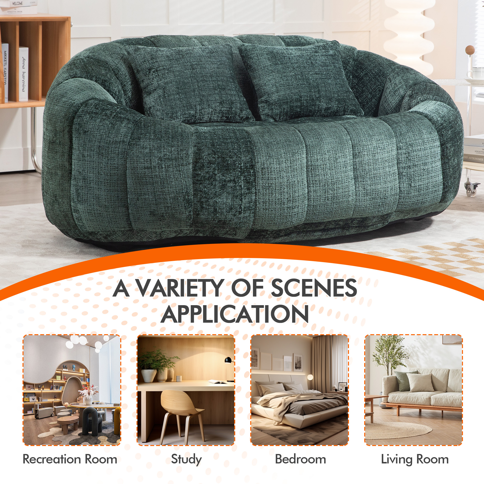 59''W Chenille Loveseat Sofa Small Couch Oversized Bean Bag Chair, Modern Lounge Loveseat Sofa with 2 Pillows,Bean Bag Couch Floor Lazy Sofa for Living Room Bedroom Apartment (Emerald)