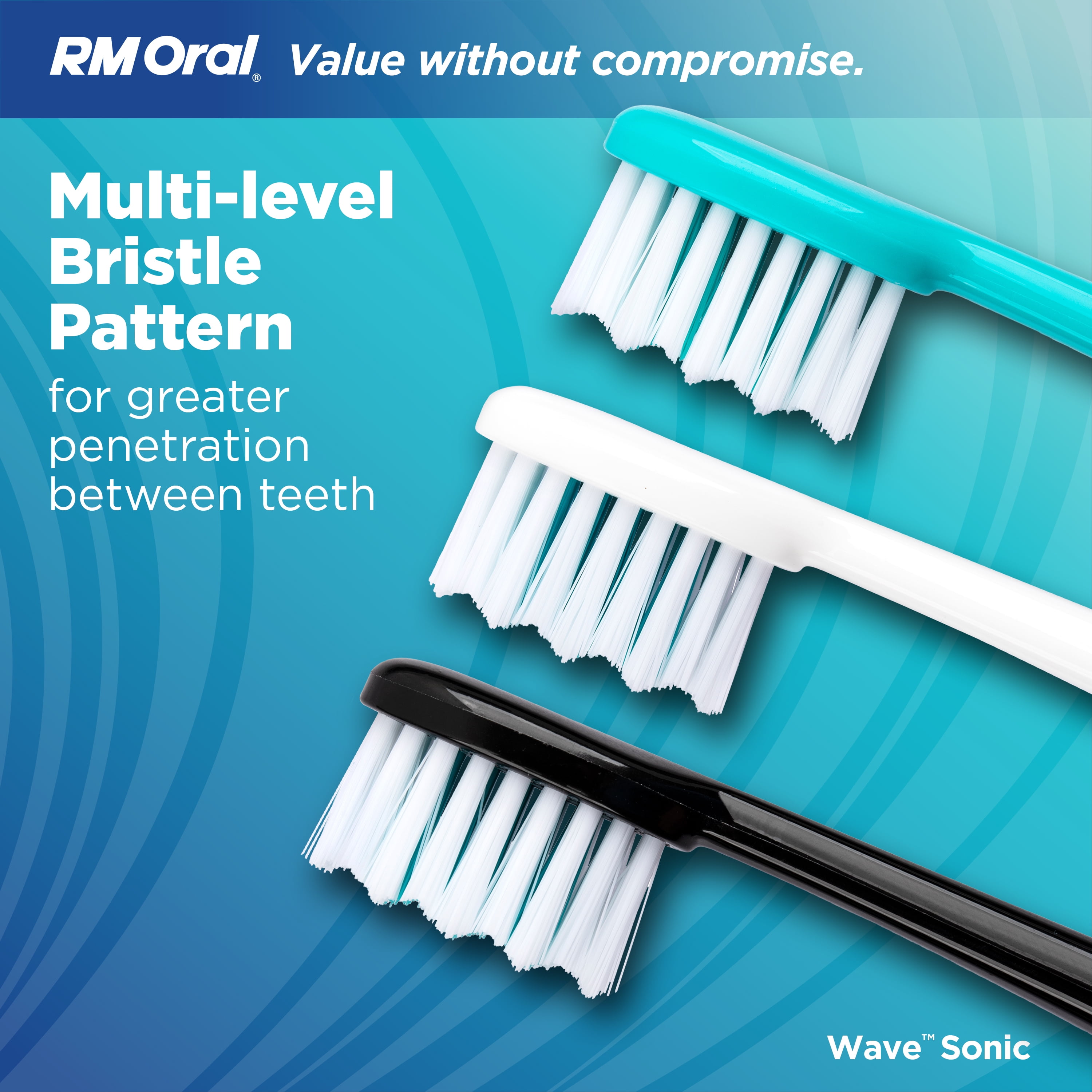 RM ORAL Wave Sonic Battery Toothbrush, Soft Bristles, 56,000 Sonic Vibrations, Travel Case, Aquamarine