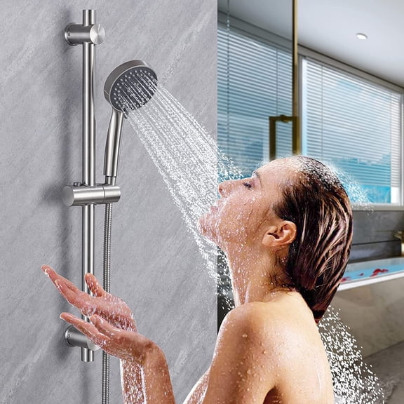 Shower Slide Bar with Handheld Shower Head Combo 5-Function Hand Shower Wall Mount Slide Bar Kit with Adjustable Height Shower Hose Holder Set, Brushed Nickel
