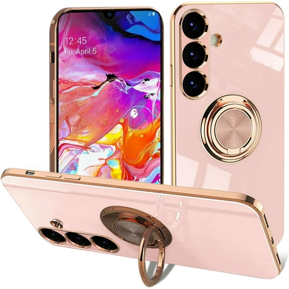 Electroplated Magnetic Ring Holder Case for Samsung Galaxy A14 5G, 360 Degree Rotation Metal Anti-Drop Finger Ring Holder Magnet Car Holder Soft Slim Silicone Shockproof Cover - Light Pink