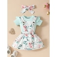 thumbnail image 3 of Bslissey Baby Girls Summer 3Pcs Outfits Frill Trim Short Sleeve Ribbed Romper + Floral Suspender Skirt + Bow Headband 0-18M Infant Toddler Cute Clothes Sets, 3 of 10