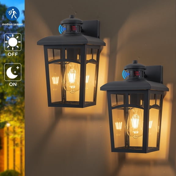 C Cattleya 2-Pack 12.25inch Black Motion Sensor Dusk to Dawn Outdoor Wall Lantern