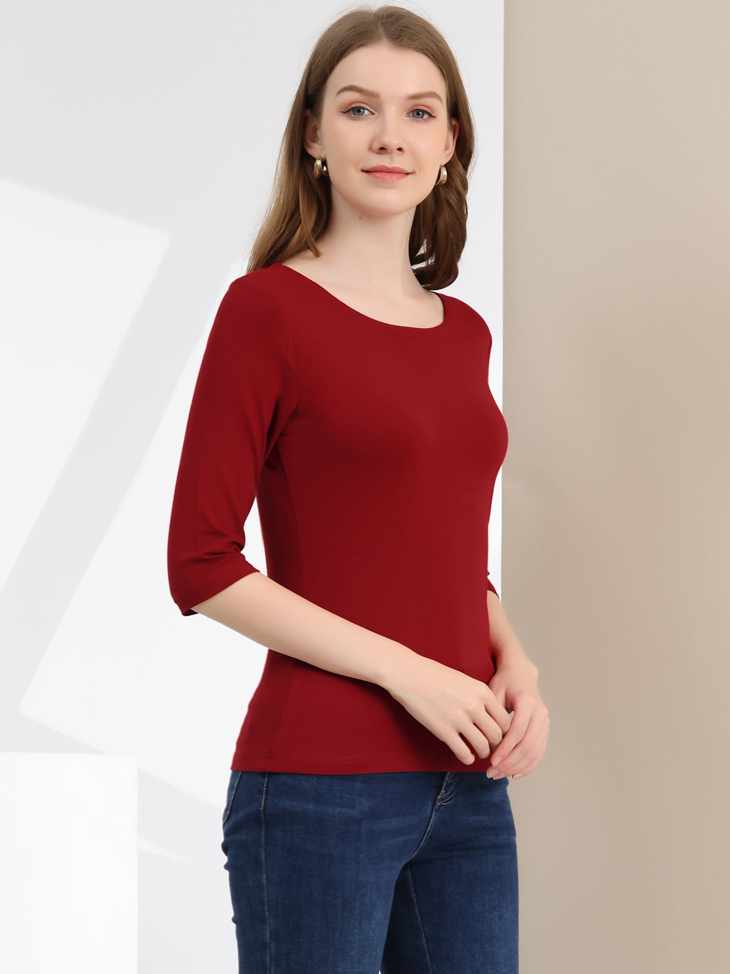 DARING DIVA Women's Elbow Sleeves Boat Neck Slim Fit Classic Tee S Wine Red