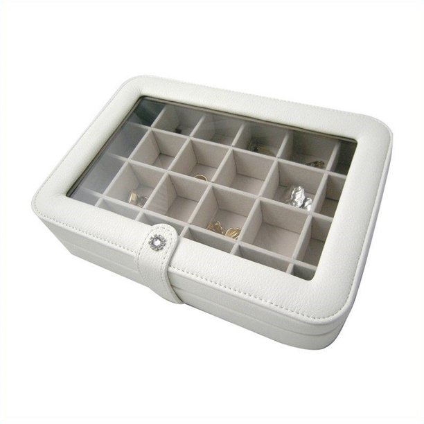 Mele Elaine Faux Leather Glass Top Jewelry Box in Ivory