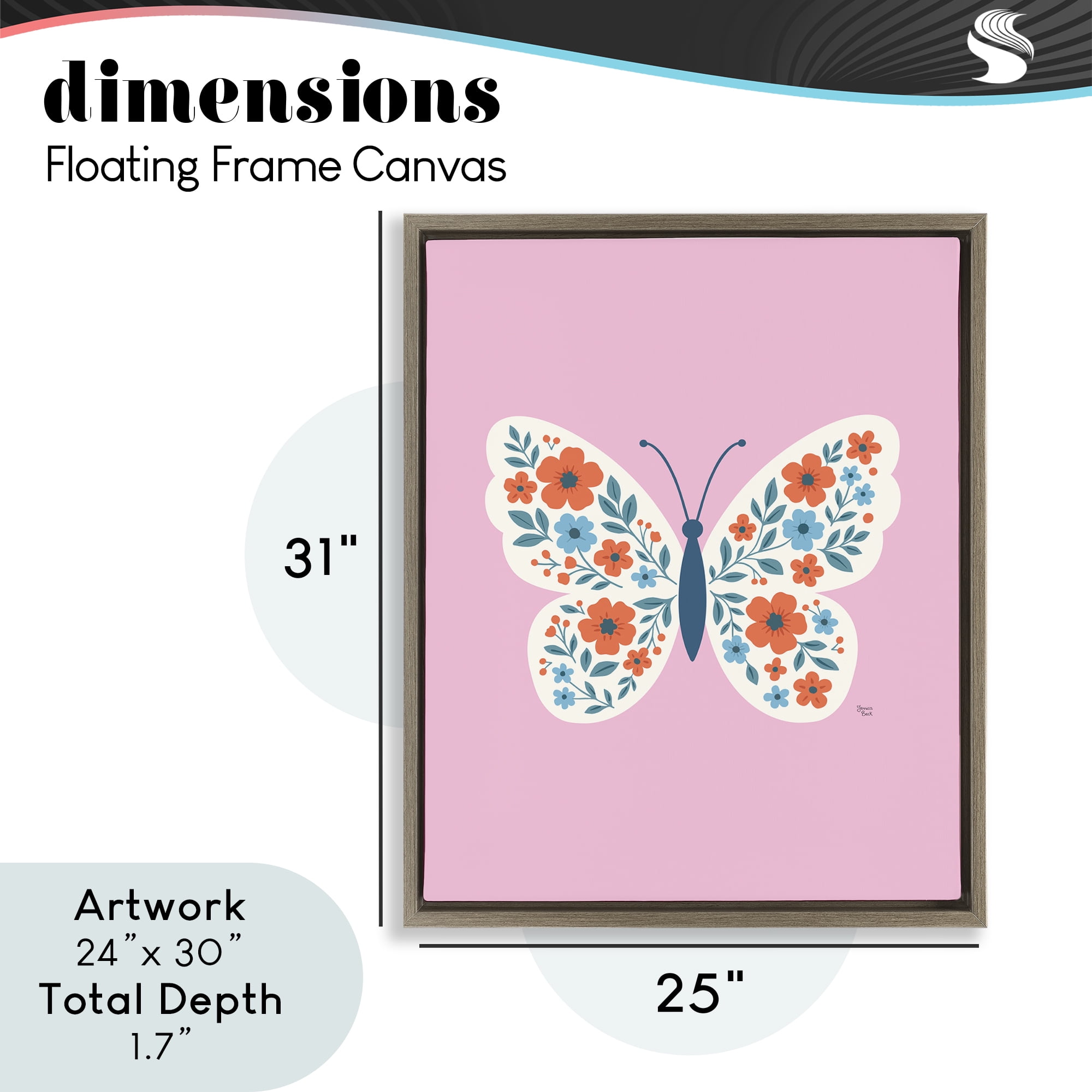 Boho Pink Floral Butterfly Brown Framed Floater Canvas Wall Art, design by Jessica Beck